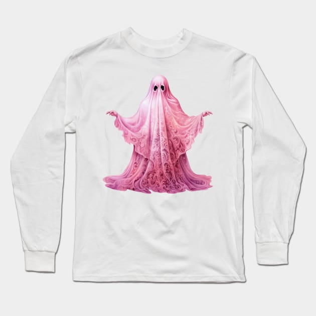 Pink Halloween Ghost Long Sleeve T-Shirt by Chromatic Fusion Studio